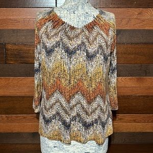 Kim Rogers Petite Scoop Neck Long Sleeve Geometric Metallic Colored Blou…